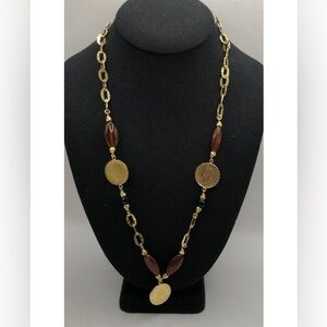 Bronzeallure Italy Coin Necklace Amber Color Beads Gold Plated Bronze 22”